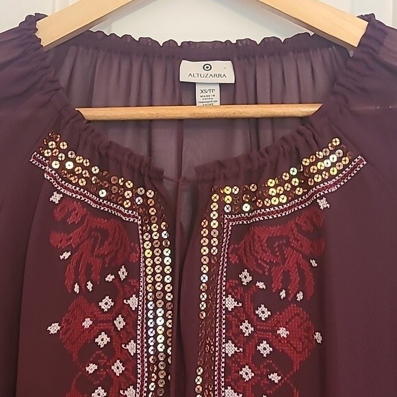 ALTUZARRA SHEER PEASANT Sheer BLOUSE EMBROIDERED RUBY RED HILL SIZE XS - Picture 3 of 13